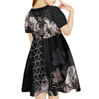 Hawaii Aloha Turtle Hibiscus and Leaves Kid Short Sleeve Dress with Polynesian and Kakau Tattoos Black Color LT03 - Polynesian Pride