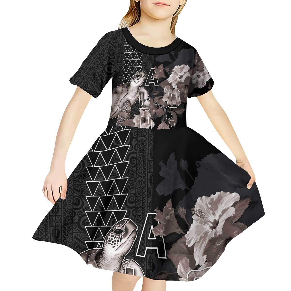 Hawaii Aloha Turtle Hibiscus and Leaves Kid Short Sleeve Dress with Polynesian and Kakau Tattoos Black Color LT03 - Polynesian Pride