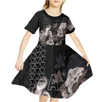 Hawaii Aloha Turtle Hibiscus and Leaves Kid Short Sleeve Dress with Polynesian and Kakau Tattoos Black Color LT03 - Polynesian Pride