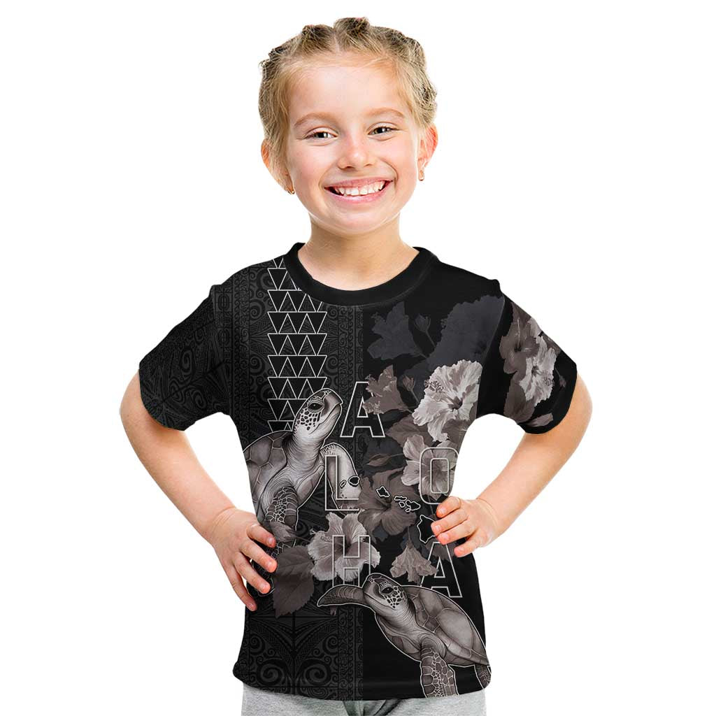 Hawaii Aloha Turtle Hibiscus and Leaves Kid T Shirt with Polynesian and Kakau Tattoos Black Color LT03 Black - Polynesian Pride
