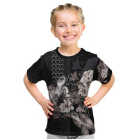 Hawaii Aloha Turtle Hibiscus and Leaves Kid T Shirt with Polynesian and Kakau Tattoos Black Color LT03 Black - Polynesian Pride