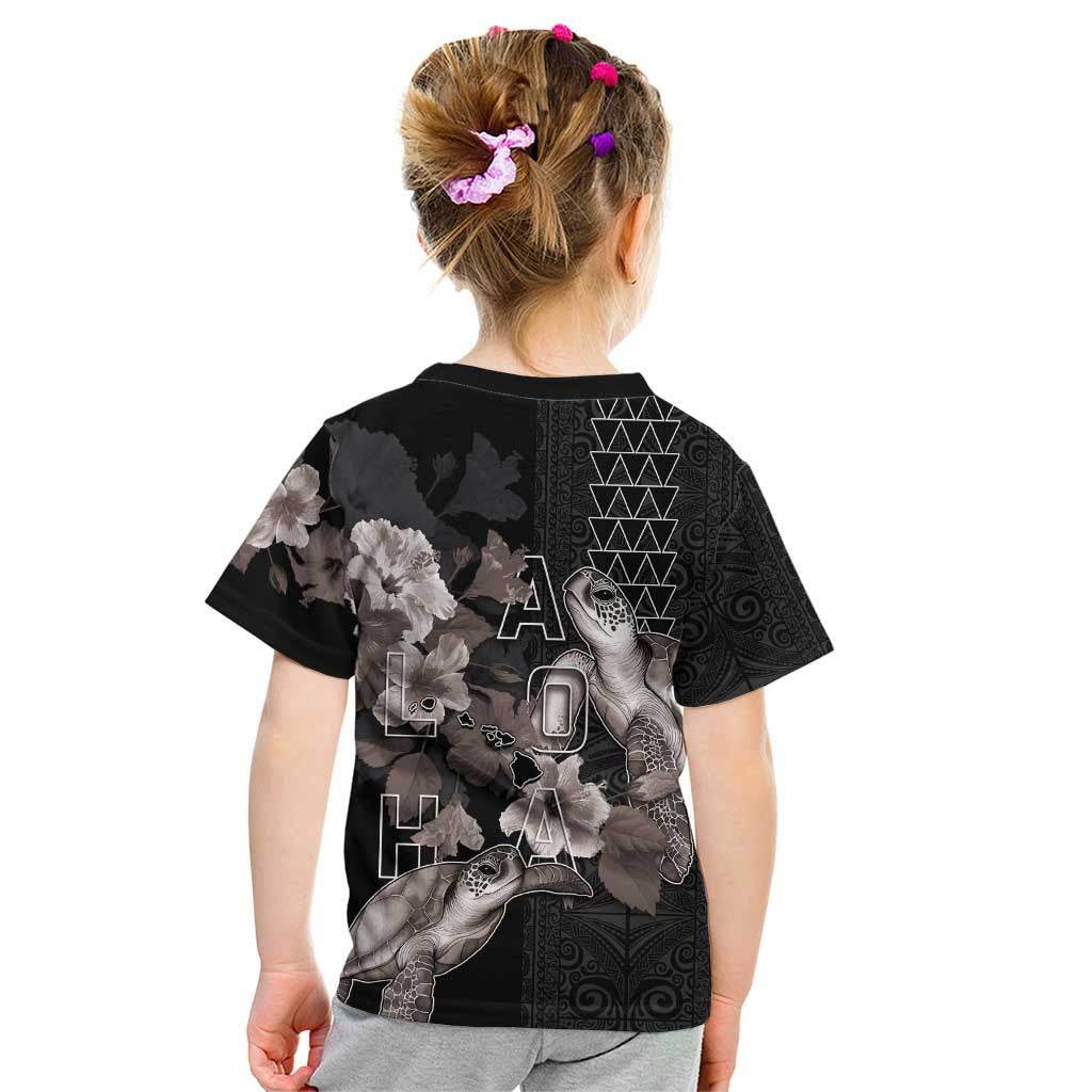 Hawaii Aloha Turtle Hibiscus and Leaves Kid T Shirt with Polynesian and Kakau Tattoos Black Color LT03 - Polynesian Pride