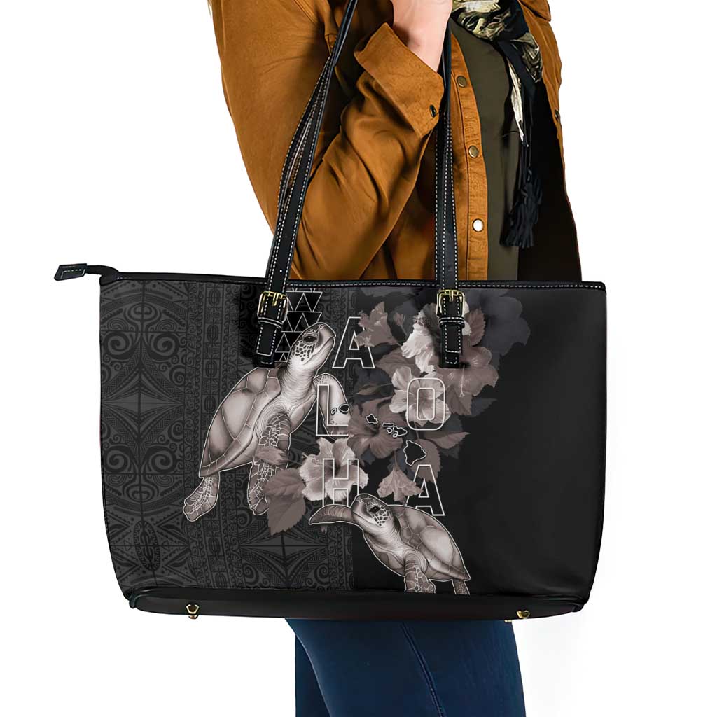 Hawaii Aloha Turtle Hibiscus and Leaves Leather Tote Bag with Polynesian and Kakau Tattoos Black Color LT03 - Polynesian Pride