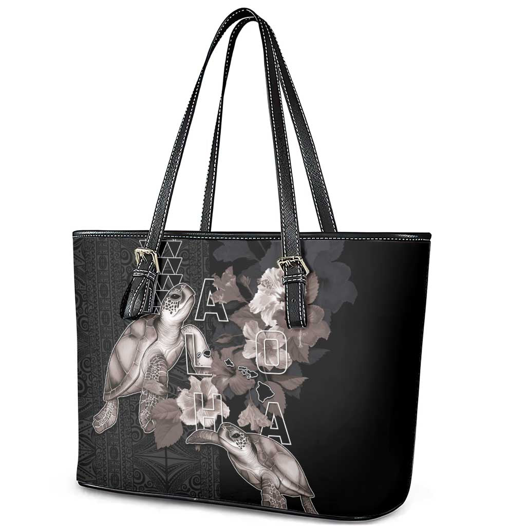 Hawaii Aloha Turtle Hibiscus and Leaves Leather Tote Bag with Polynesian and Kakau Tattoos Black Color LT03 - Polynesian Pride