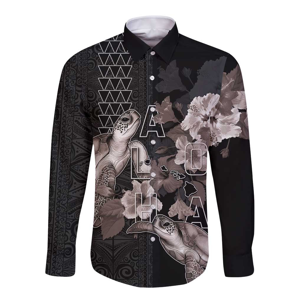 Hawaii Aloha Turtle Hibiscus and Leaves Long Sleeve Button Shirt with Polynesian and Kakau Tattoos Black Color LT03 Unisex Black - Polynesian Pride