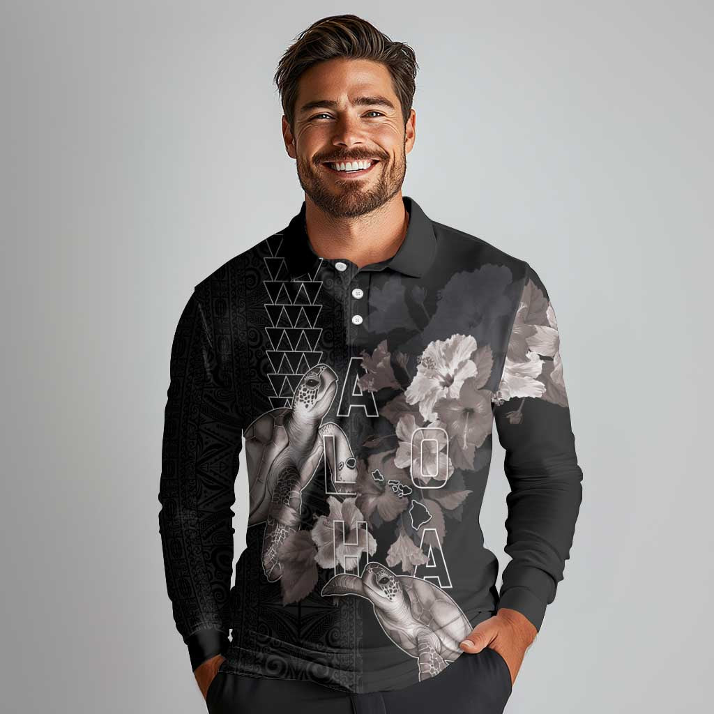 Hawaii Aloha Turtle Hibiscus and Leaves Long Sleeve Polo Shirt with Polynesian and Kakau Tattoos Black Color LT03 - Polynesian Pride