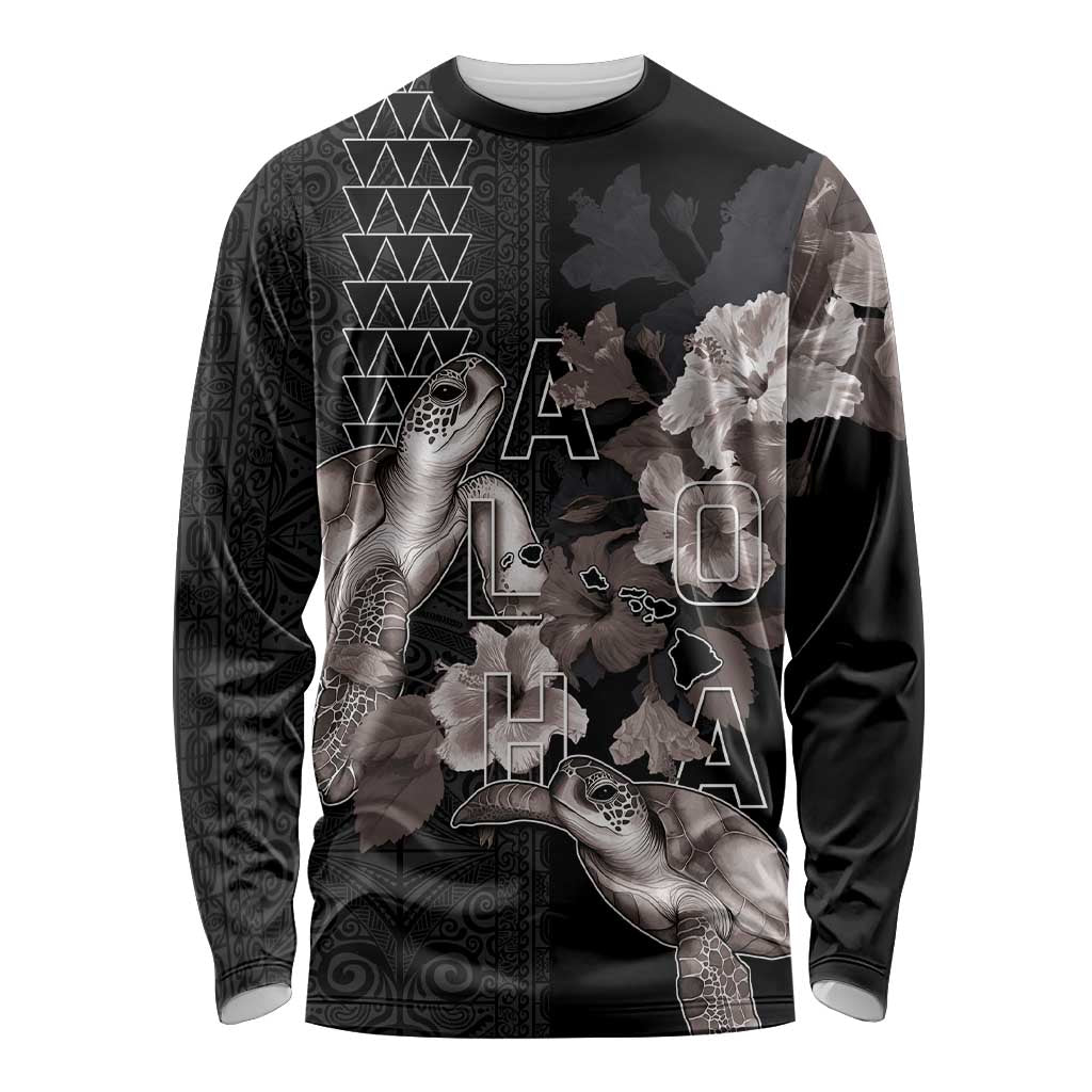 Hawaii Aloha Turtle Hibiscus and Leaves Long Sleeve Shirt with Polynesian and Kakau Tattoos Black Color LT03 Unisex Black - Polynesian Pride