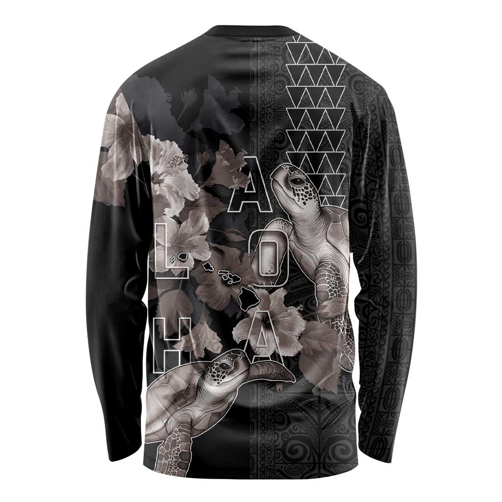 Hawaii Aloha Turtle Hibiscus and Leaves Long Sleeve Shirt with Polynesian and Kakau Tattoos Black Color LT03 - Polynesian Pride