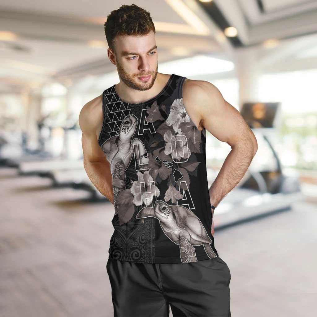 Hawaii Aloha Turtle Hibiscus and Leaves Men Tank Top with Polynesian and Kakau Tattoos Black Color LT03 Black - Polynesian Pride