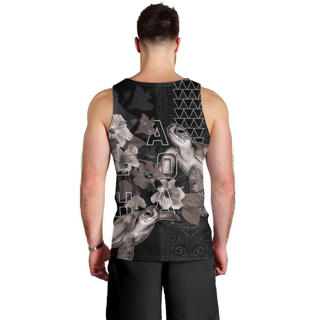 Hawaii Aloha Turtle Hibiscus and Leaves Men Tank Top with Polynesian and Kakau Tattoos Black Color LT03 - Polynesian Pride