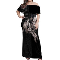 Hawaii Aloha Turtle Hibiscus and Leaves Off Shoulder Maxi Dress with Polynesian and Kakau Tattoos Black Color LT03 Women Black - Polynesian Pride