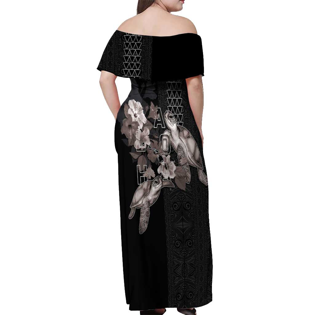 Hawaii Aloha Turtle Hibiscus and Leaves Off Shoulder Maxi Dress with Polynesian and Kakau Tattoos Black Color LT03 - Polynesian Pride
