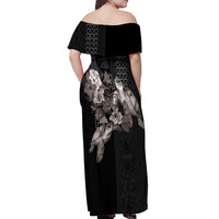 Hawaii Aloha Turtle Hibiscus and Leaves Off Shoulder Maxi Dress with Polynesian and Kakau Tattoos Black Color LT03 - Polynesian Pride