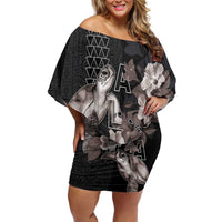 Hawaii Aloha Turtle Hibiscus and Leaves Off Shoulder Short Dress with Polynesian and Kakau Tattoos Black Color LT03 Women Black - Polynesian Pride