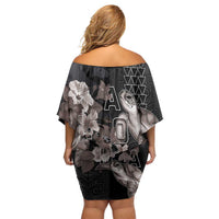Hawaii Aloha Turtle Hibiscus and Leaves Off Shoulder Short Dress with Polynesian and Kakau Tattoos Black Color LT03 - Polynesian Pride