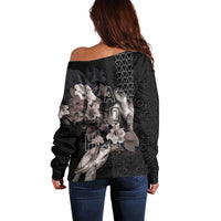 Hawaii Aloha Turtle Hibiscus and Leaves Off Shoulder Sweater with Polynesian and Kakau Tattoos Black Color LT03 - Polynesian Pride