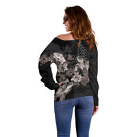 Hawaii Aloha Turtle Hibiscus and Leaves Off Shoulder Sweater with Polynesian and Kakau Tattoos Black Color LT03 - Polynesian Pride