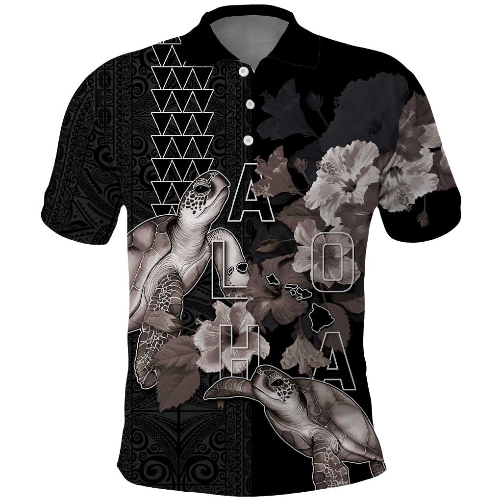 Hawaii Aloha Turtle Hibiscus and Leaves Polo Shirt with Polynesian and Kakau Tattoos Black Color LT03 Black - Polynesian Pride