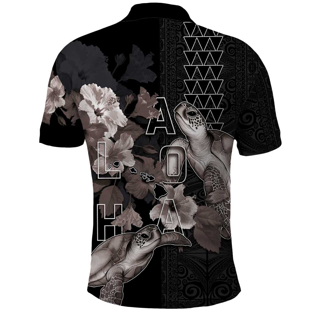 Hawaii Aloha Turtle Hibiscus and Leaves Polo Shirt with Polynesian and Kakau Tattoos Black Color LT03 - Polynesian Pride