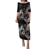 Hawaii Aloha Turtle Hibiscus and Leaves Puletasi with Polynesian and Kakau Tattoos Black Color LT03 Long Dress Black - Polynesian Pride