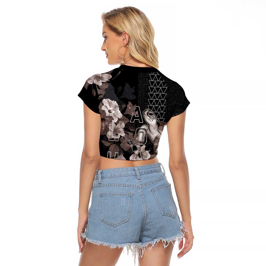 Hawaii Aloha Turtle Hibiscus and Leaves Raglan Cropped T Shirt with Polynesian and Kakau Tattoos Black Color LT03 - Polynesian Pride