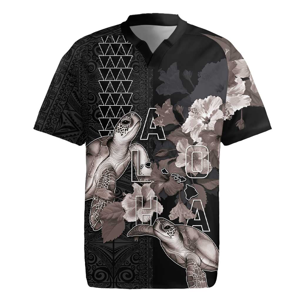 Hawaii Aloha Turtle Hibiscus and Leaves Rugby Jersey with Polynesian and Kakau Tattoos Black Color LT03 Black - Polynesian Pride