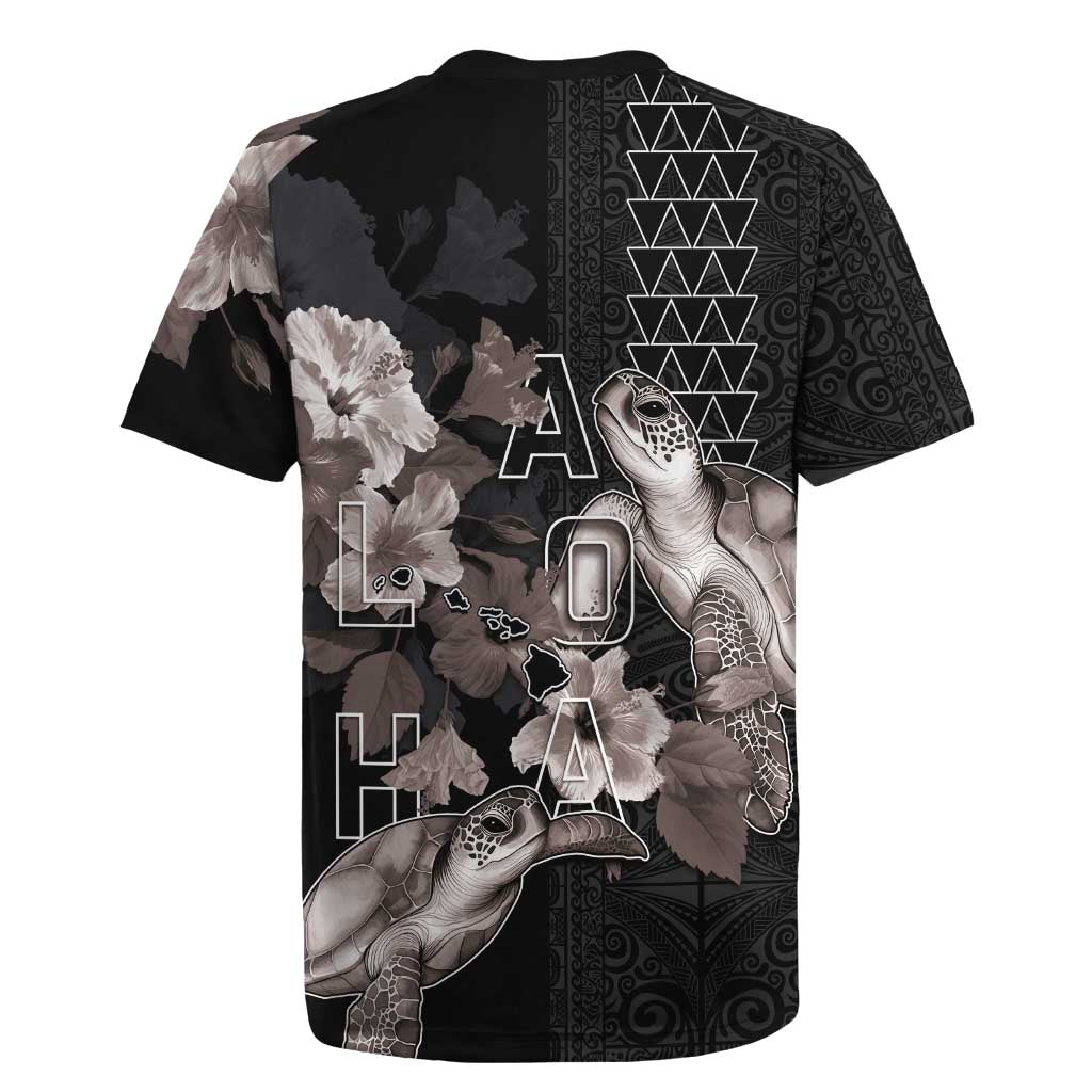 Hawaii Aloha Turtle Hibiscus and Leaves Rugby Jersey with Polynesian and Kakau Tattoos Black Color LT03 - Polynesian Pride