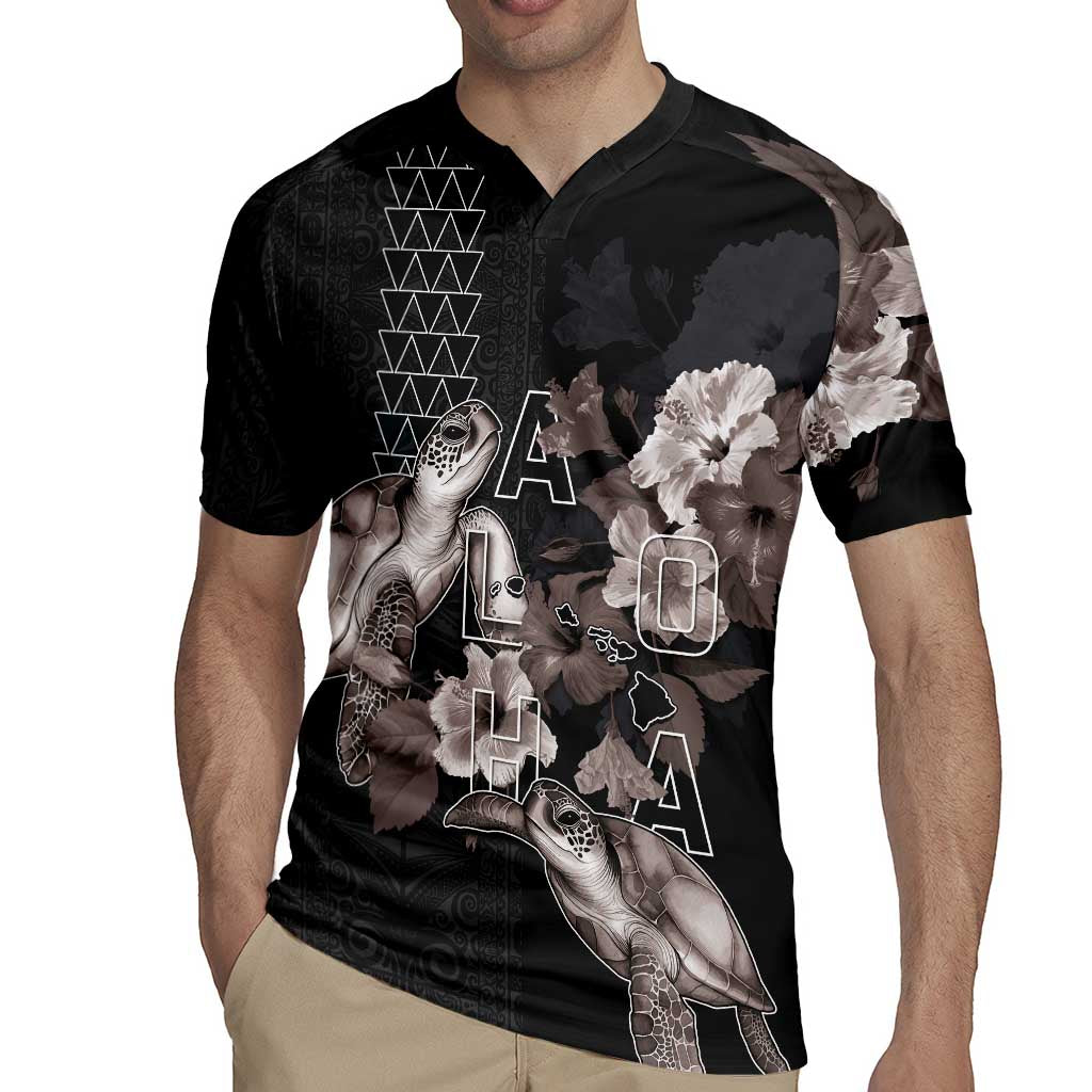 Hawaii Aloha Turtle Hibiscus and Leaves Rugby Jersey with Polynesian and Kakau Tattoos Black Color LT03 - Polynesian Pride