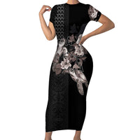 Hawaii Aloha Turtle Hibiscus and Leaves Short Sleeve Bodycon Dress with Polynesian and Kakau Tattoos Black Color LT03 Long Dress Black - Polynesian Pride