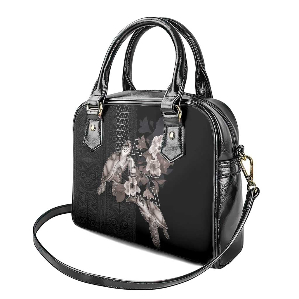 Hawaii Aloha Turtle Hibiscus and Leaves Shoulder Handbag with Polynesian and Kakau Tattoos Black Color - Polynesian Pride
