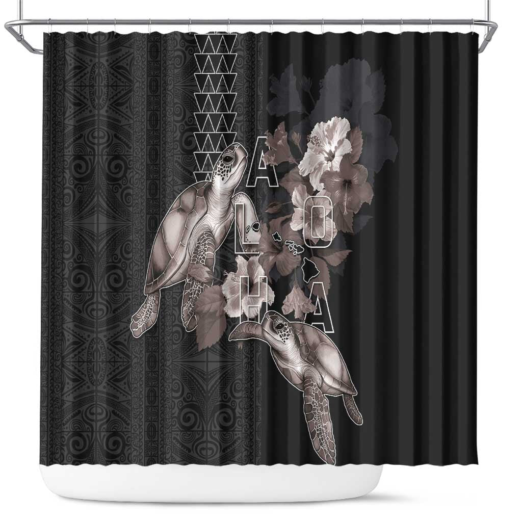 Hawaii Aloha Turtle Hibiscus and Leaves Shower Curtain with Polynesian and Kakau Tattoos Black Color LT03 Black - Polynesian Pride