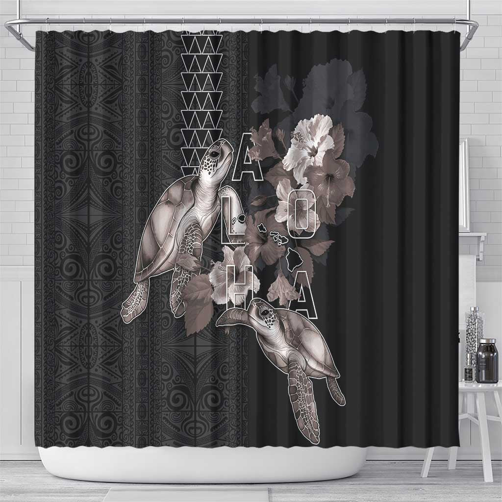 Hawaii Aloha Turtle Hibiscus and Leaves Shower Curtain with Polynesian and Kakau Tattoos Black Color LT03 - Polynesian Pride