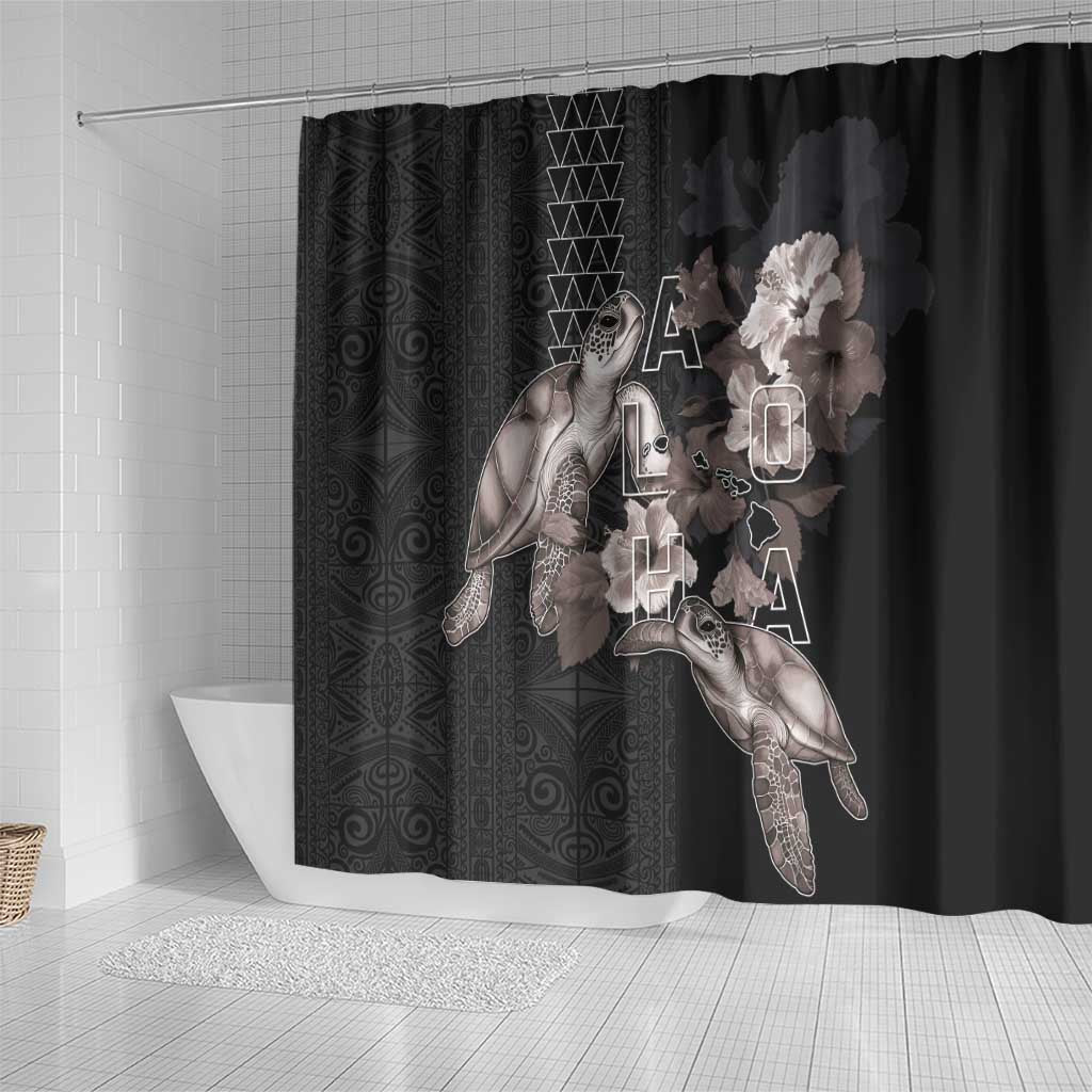 Hawaii Aloha Turtle Hibiscus and Leaves Shower Curtain with Polynesian and Kakau Tattoos Black Color LT03 - Polynesian Pride