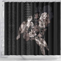 Hawaii Aloha Turtle Hibiscus and Leaves Shower Curtain with Polynesian and Kakau Tattoos Black Color LT03 - Polynesian Pride