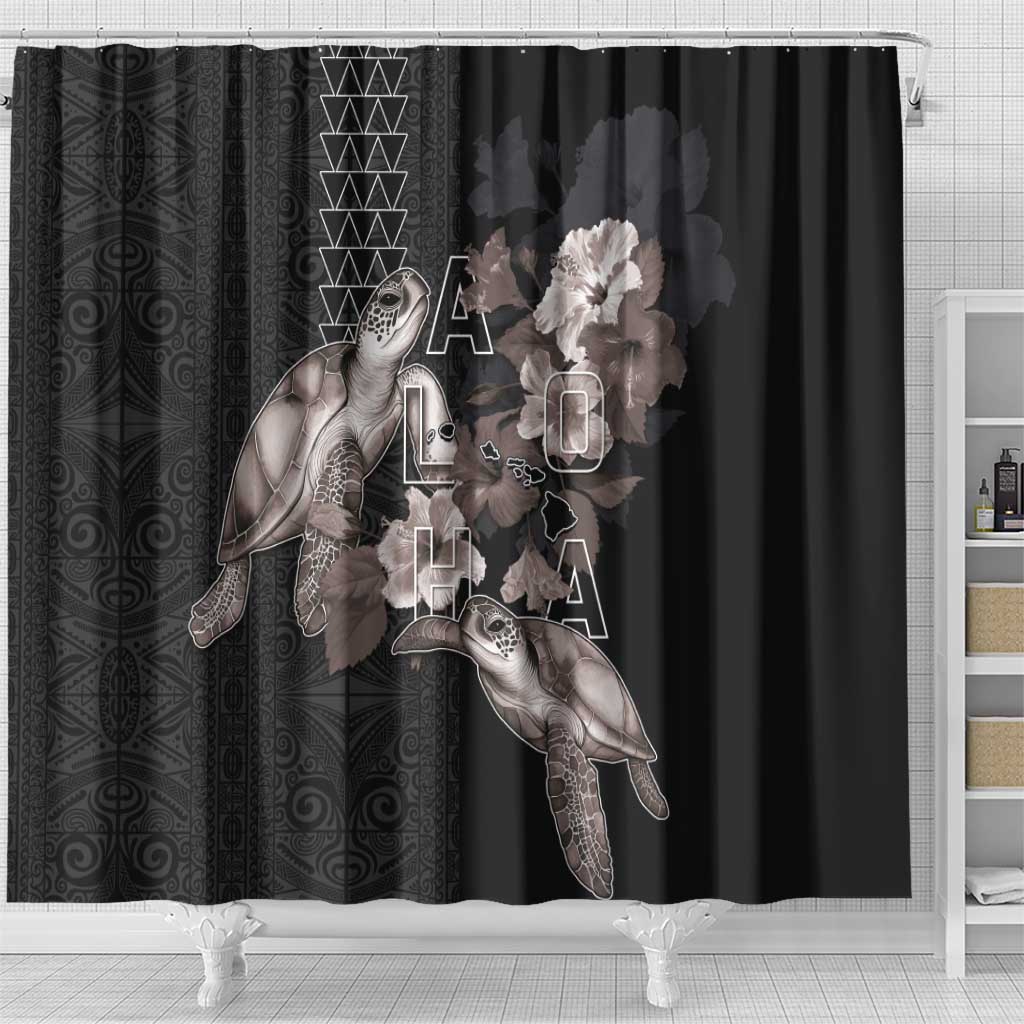 Hawaii Aloha Turtle Hibiscus and Leaves Shower Curtain with Polynesian and Kakau Tattoos Black Color LT03 - Polynesian Pride