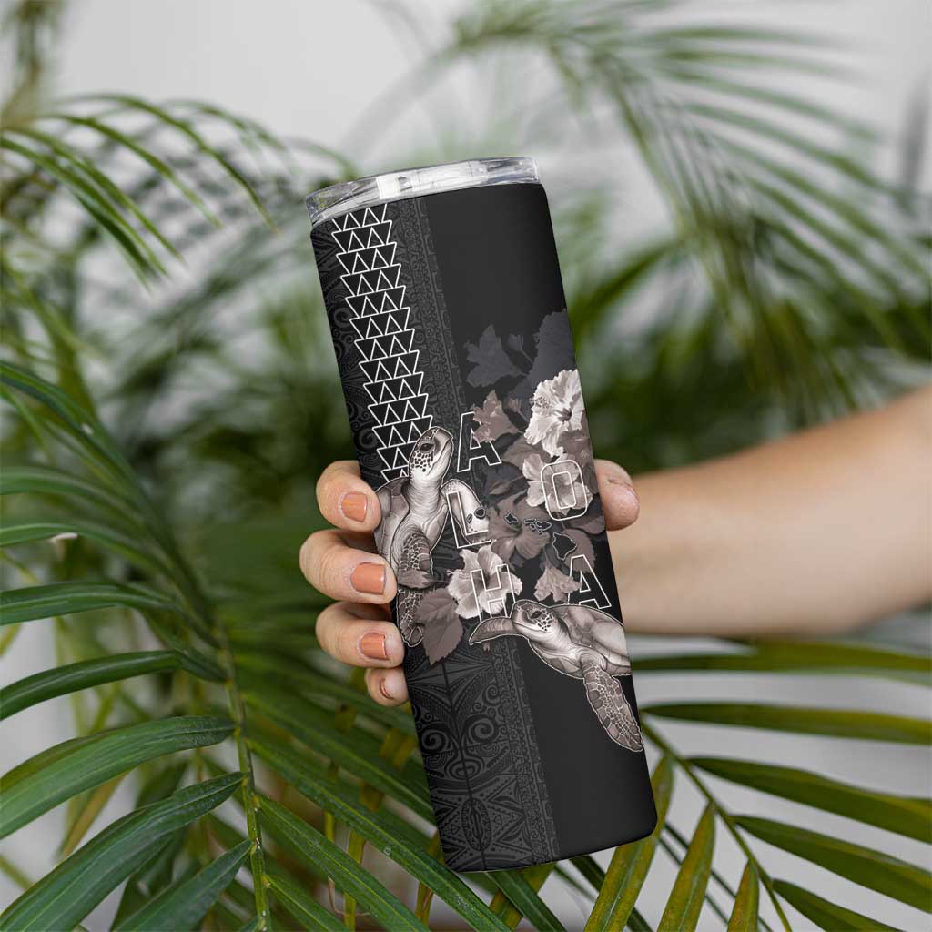 Hawaii Aloha Turtle Hibiscus and Leaves Skinny Tumbler with Polynesian and Kakau Tattoos Black Color LT03 - Polynesian Pride