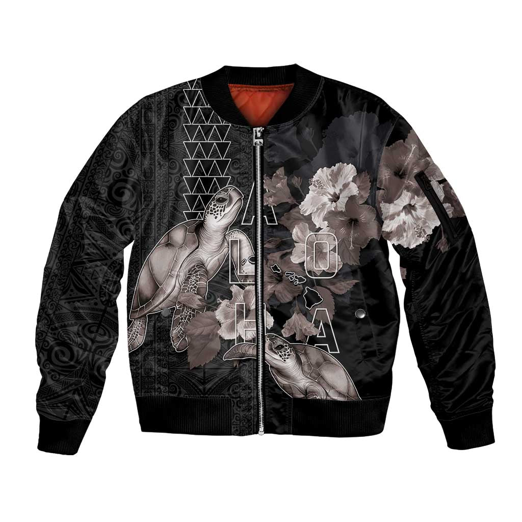 Hawaii Aloha Turtle Hibiscus and Leaves Sleeve Zip Bomber Jacket with Polynesian and Kakau Tattoos Black Color LT03 Unisex Black - Polynesian Pride