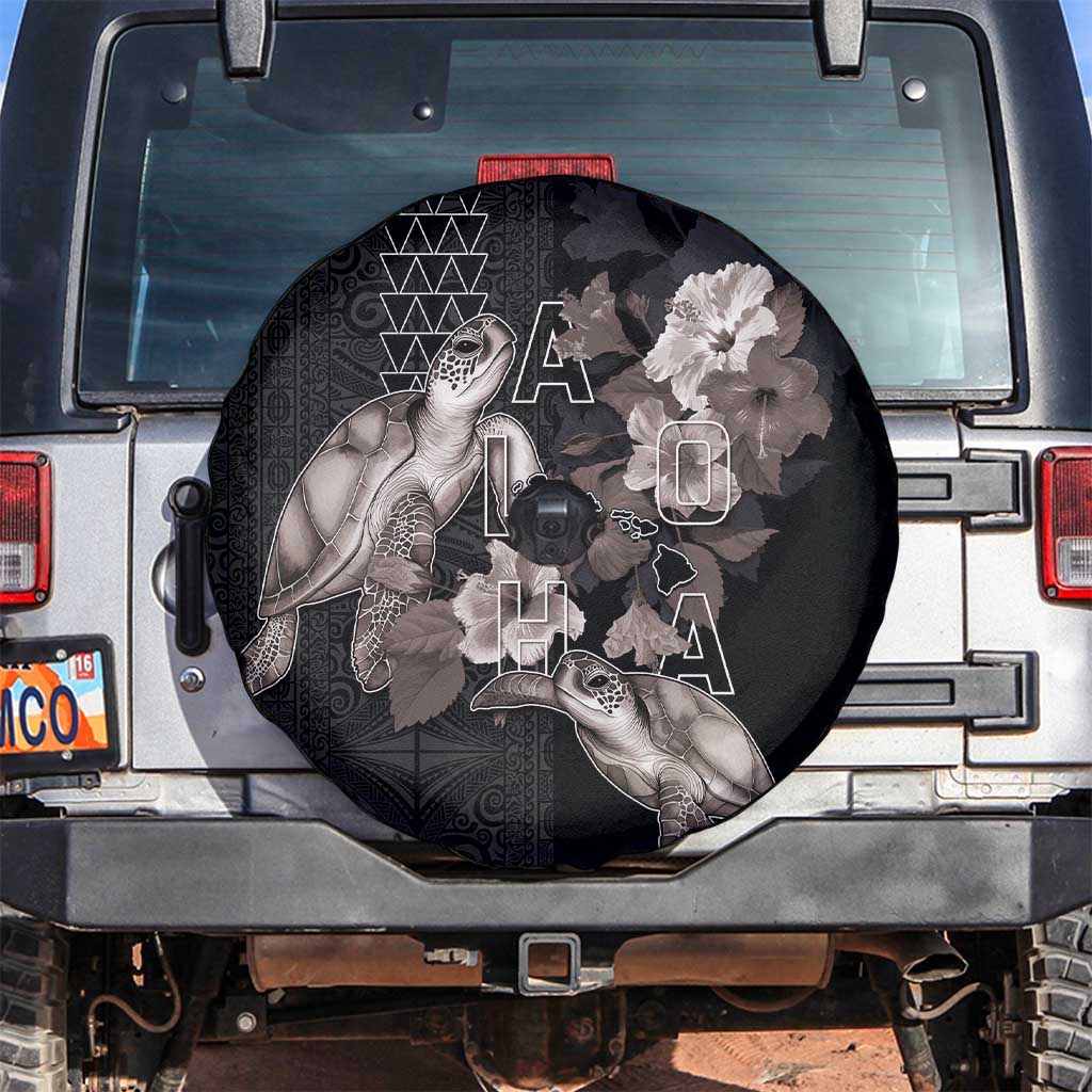 Hawaii Aloha Turtle Hibiscus and Leaves Spare Tire Cover with Polynesian and Kakau Tattoos Black Color LT03 Black - Polynesian Pride