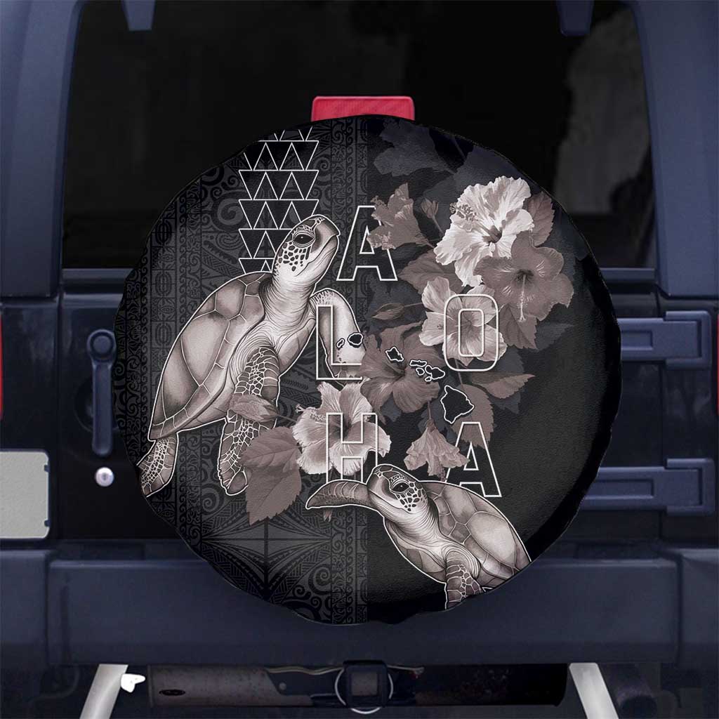 Hawaii Aloha Turtle Hibiscus and Leaves Spare Tire Cover with Polynesian and Kakau Tattoos Black Color LT03 No hole Black - Polynesian Pride