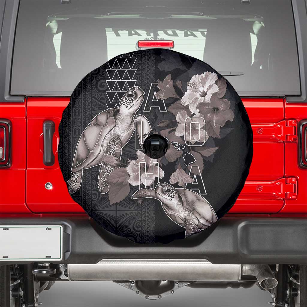 Hawaii Aloha Turtle Hibiscus and Leaves Spare Tire Cover with Polynesian and Kakau Tattoos Black Color LT03 - Polynesian Pride