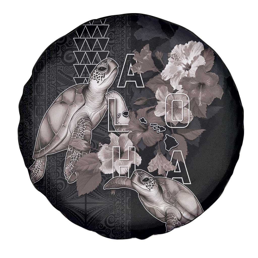 Hawaii Aloha Turtle Hibiscus and Leaves Spare Tire Cover with Polynesian and Kakau Tattoos Black Color LT03 - Polynesian Pride