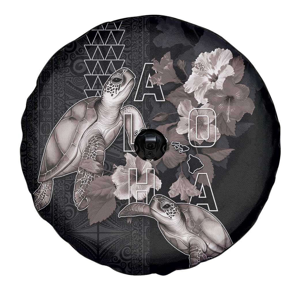 Hawaii Aloha Turtle Hibiscus and Leaves Spare Tire Cover with Polynesian and Kakau Tattoos Black Color LT03 - Polynesian Pride