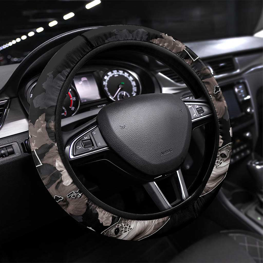 Hawaii Aloha Turtle Hibiscus and Leaves Steering Wheel Cover with Polynesian and Kakau Tattoos Black Color LT03 Universal Fit Black - Polynesian Pride