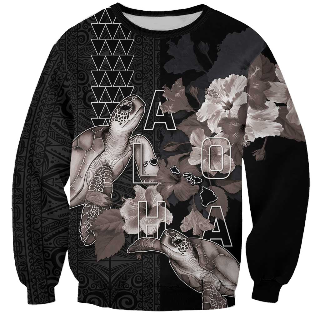 Hawaii Aloha Turtle Hibiscus and Leaves Sweatshirt with Polynesian and Kakau Tattoos Black Color LT03 Unisex Black - Polynesian Pride