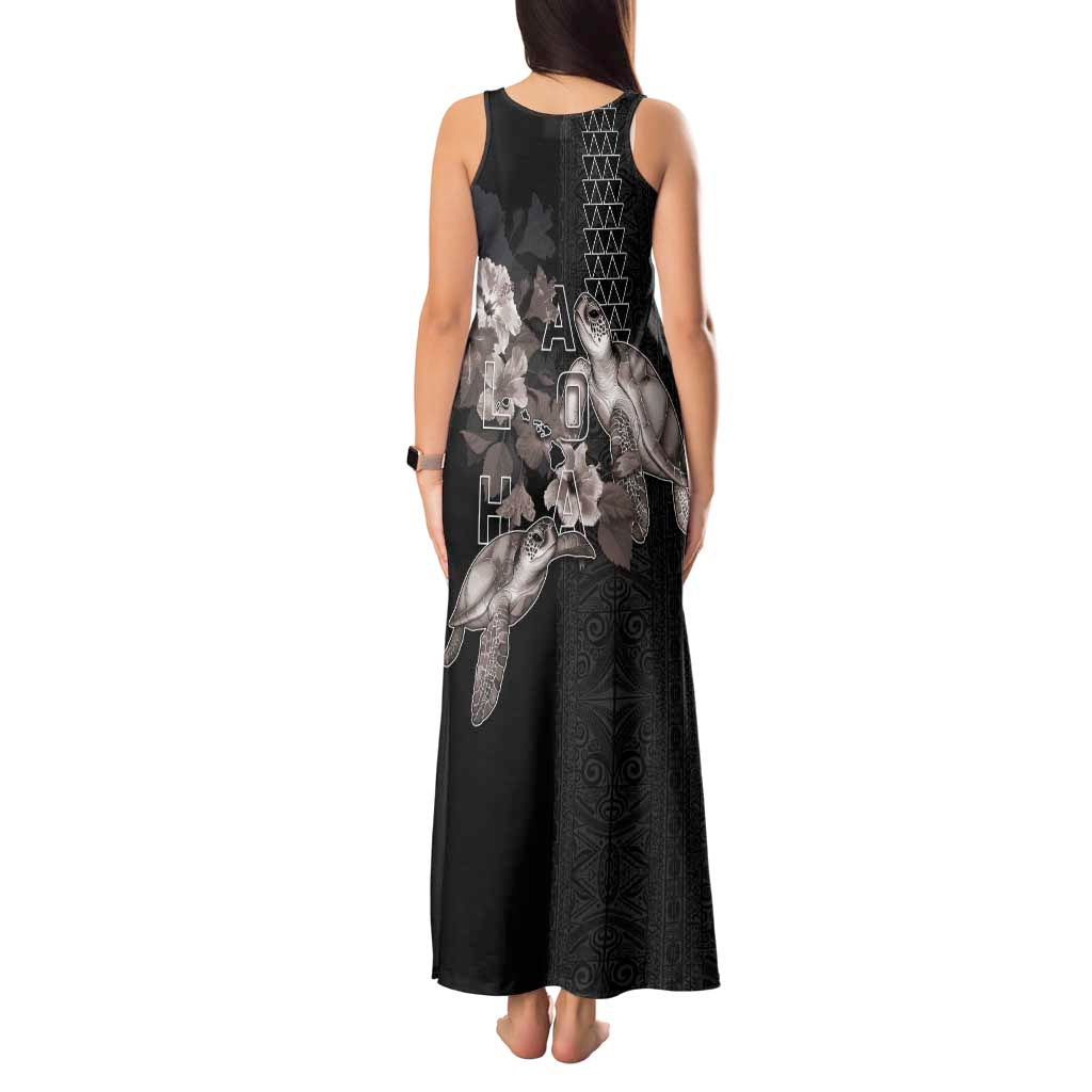 Hawaii Aloha Turtle Hibiscus and Leaves Tank Maxi Dress with Polynesian and Kakau Tattoos Black Color LT03 - Polynesian Pride