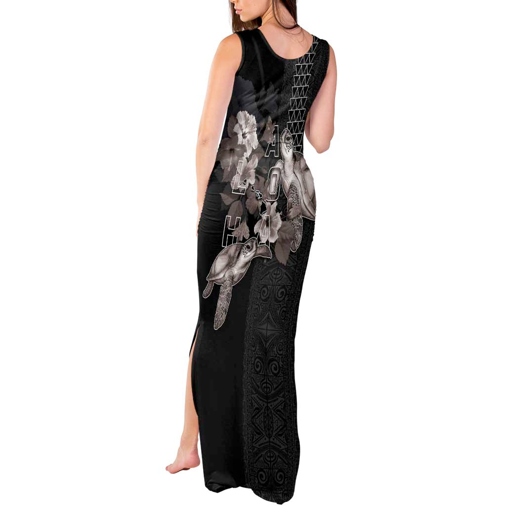 Hawaii Aloha Turtle Hibiscus and Leaves Tank Maxi Dress with Polynesian and Kakau Tattoos Black Color LT03 - Polynesian Pride