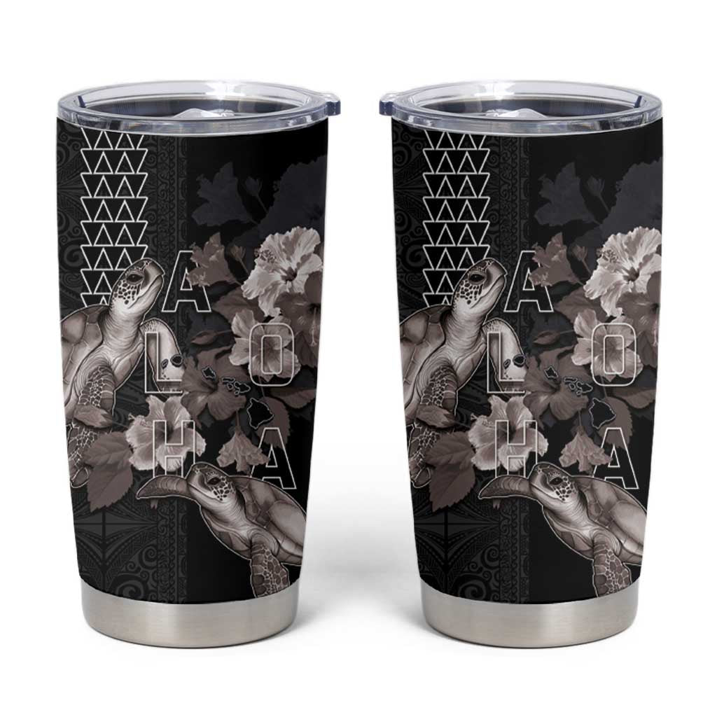 Hawaii Aloha Turtle Hibiscus and Leaves Tumbler Cup with Polynesian and Kakau Tattoos Black Color LT03 Black - Polynesian Pride