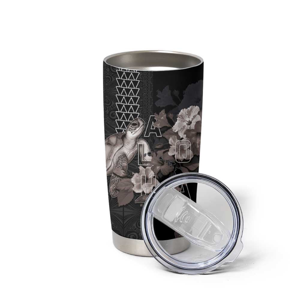 Hawaii Aloha Turtle Hibiscus and Leaves Tumbler Cup with Polynesian and Kakau Tattoos Black Color LT03 - Polynesian Pride
