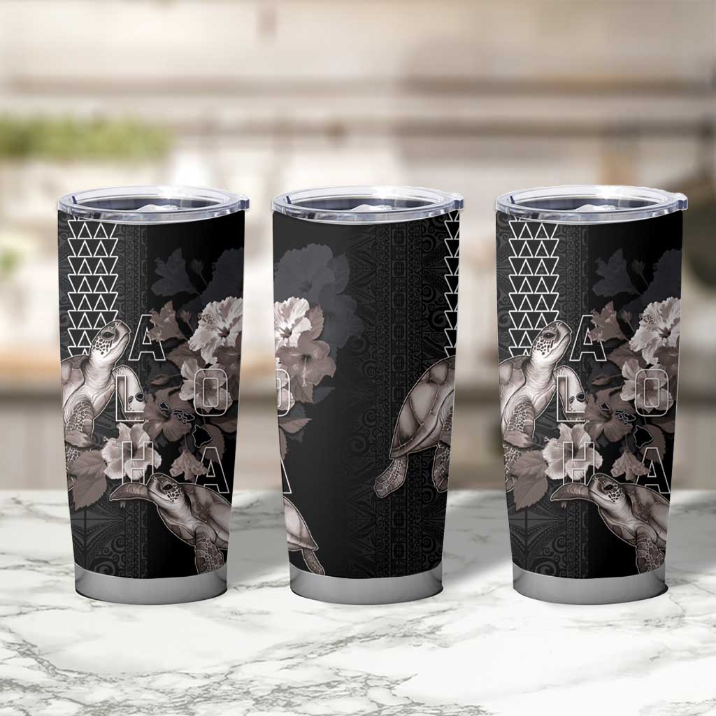Hawaii Aloha Turtle Hibiscus and Leaves Tumbler Cup with Polynesian and Kakau Tattoos Black Color LT03 - Polynesian Pride