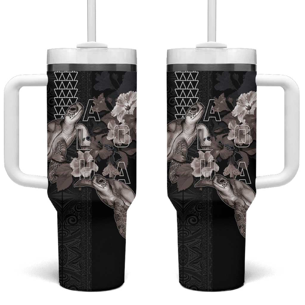 Hawaii Aloha Turtle Hibiscus and Leaves Tumbler With Handle with Polynesian and Kakau Tattoos Black Color LT03 One Size: 40 oz Black - Polynesian Pride